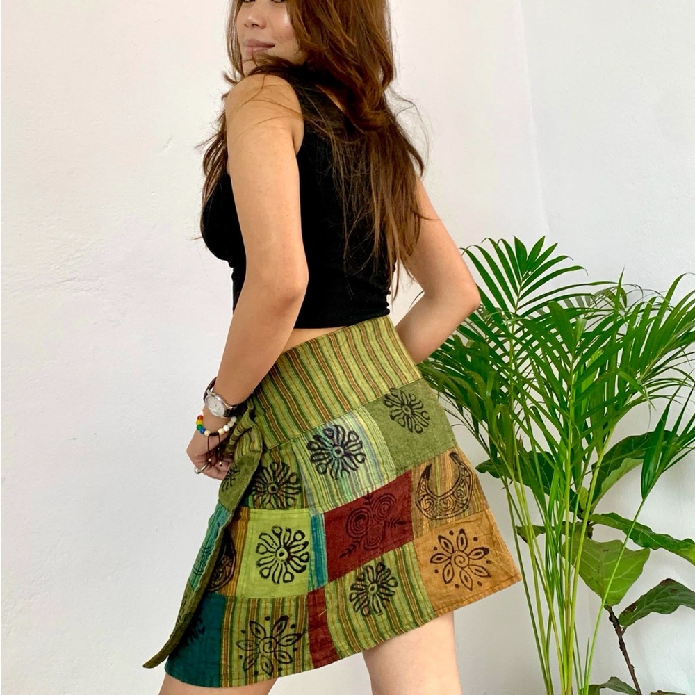 Patchwork Cotton Wrap Skirt with Blockprint - Picture 5 of 13